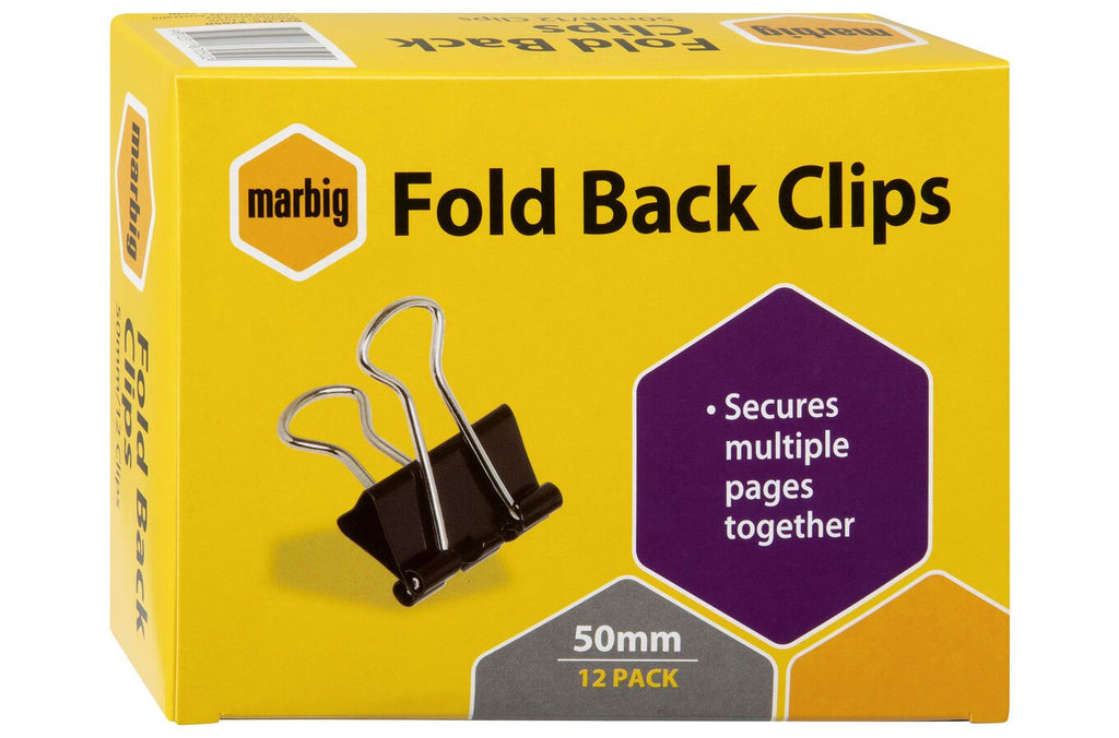 Marbig Fold Back Clips 50mm Black Box of 12