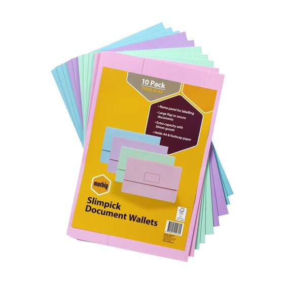 Marbig Slimpick Document Wallet Foolscap Pastel Assorted Pack of 10
