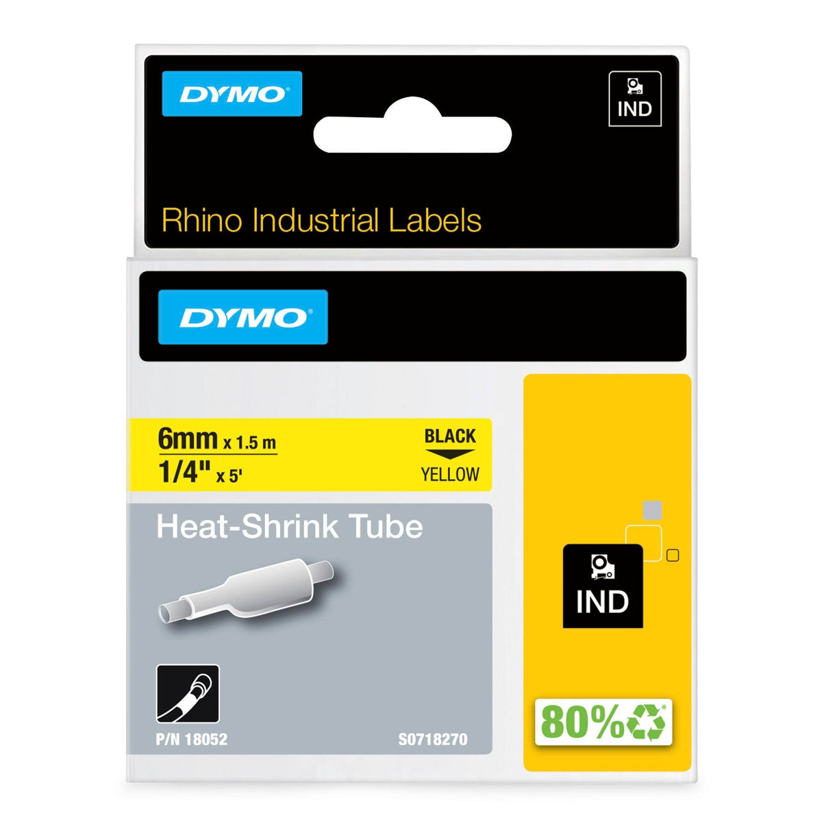 Dymo Rhino Heat Shrink Tube Label Tape 6mm x 1.5m Black on Yellow