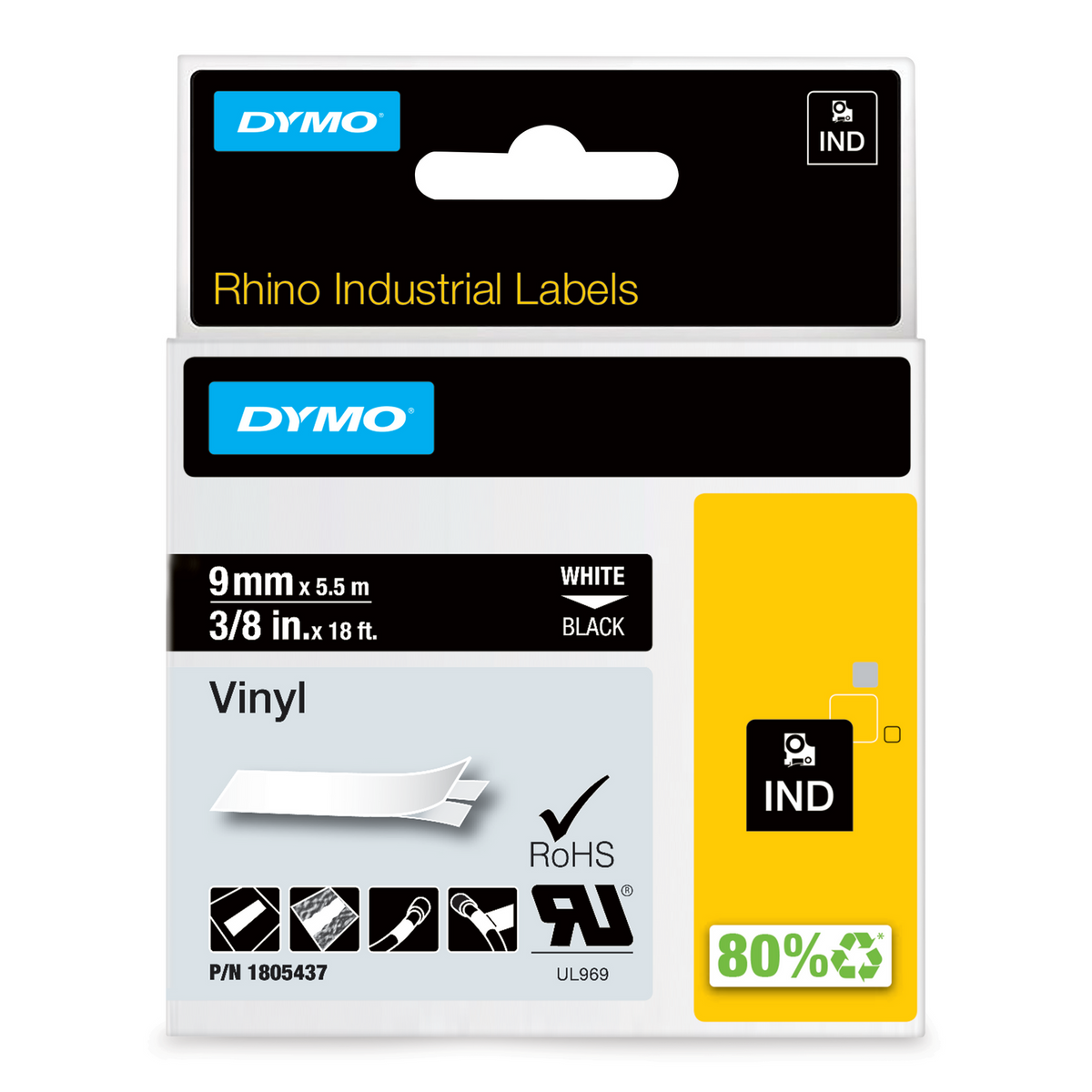 Dymo Rhino Vinyl Label Tape 9mm x 5.5m White on Black
