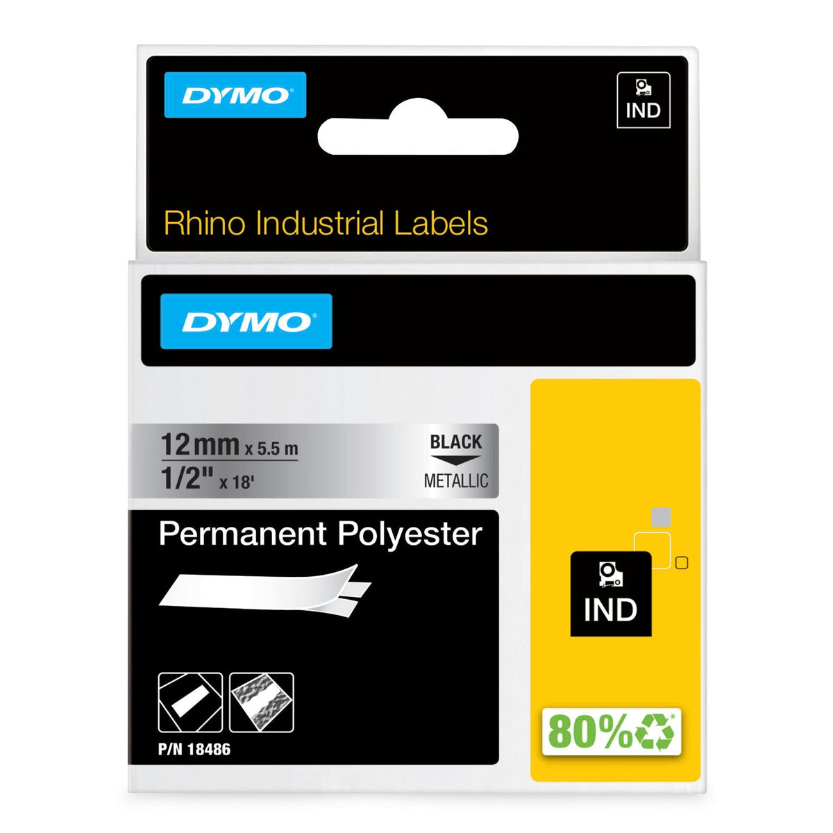 Dymo Rhino Permanent Polyester Label Tape 19mm x 5.5m Black on Metalised