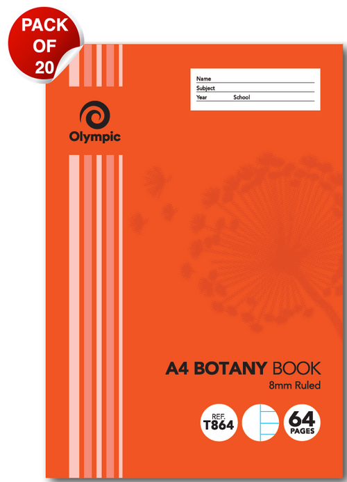 Olympic Botany Book A4 64 Pages 8mm Ruled Pack of 20