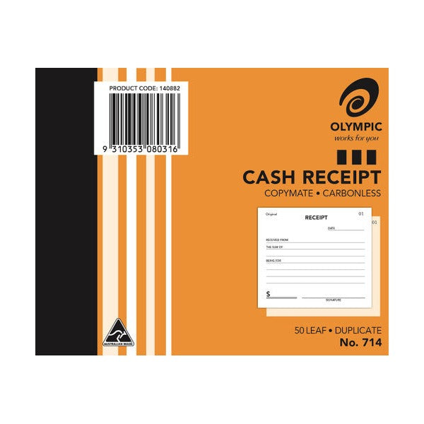 Olympic Cash Receipt Book 714 Carbonless Duplicate 50 Leaf 125 x 100mm