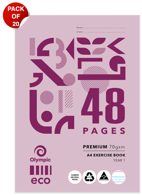 Olympic Eco Exercise Book A4 48 Pages Year 1 QLD Ruling Stapled Pack of 20