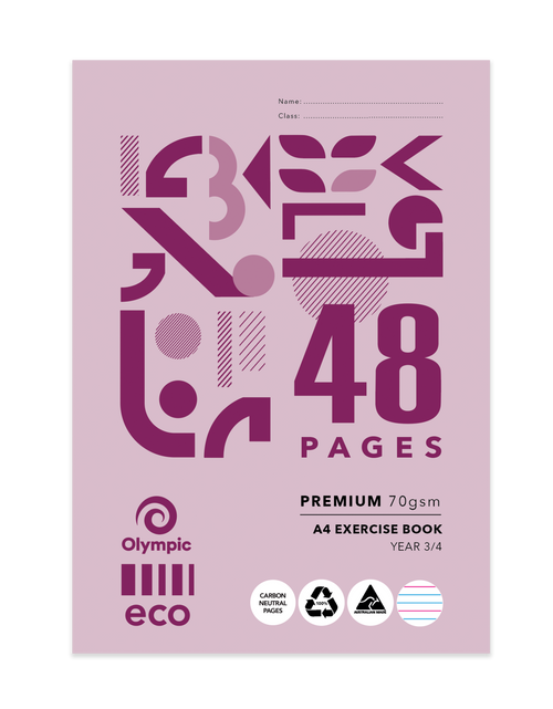 Olympic Eco Exercise Book A4 48 Pages Year 3/4 QLD Ruling Stapled Pack of 20
