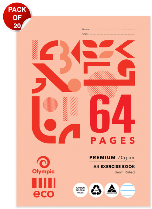 Olympic Eco Exercise Book A4 64 Pages 8mm Ruling Stapled Pack of 20