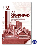 Olympic Graph Pad A4 25 Leaf 5mm Squares Ruled Pack of 5