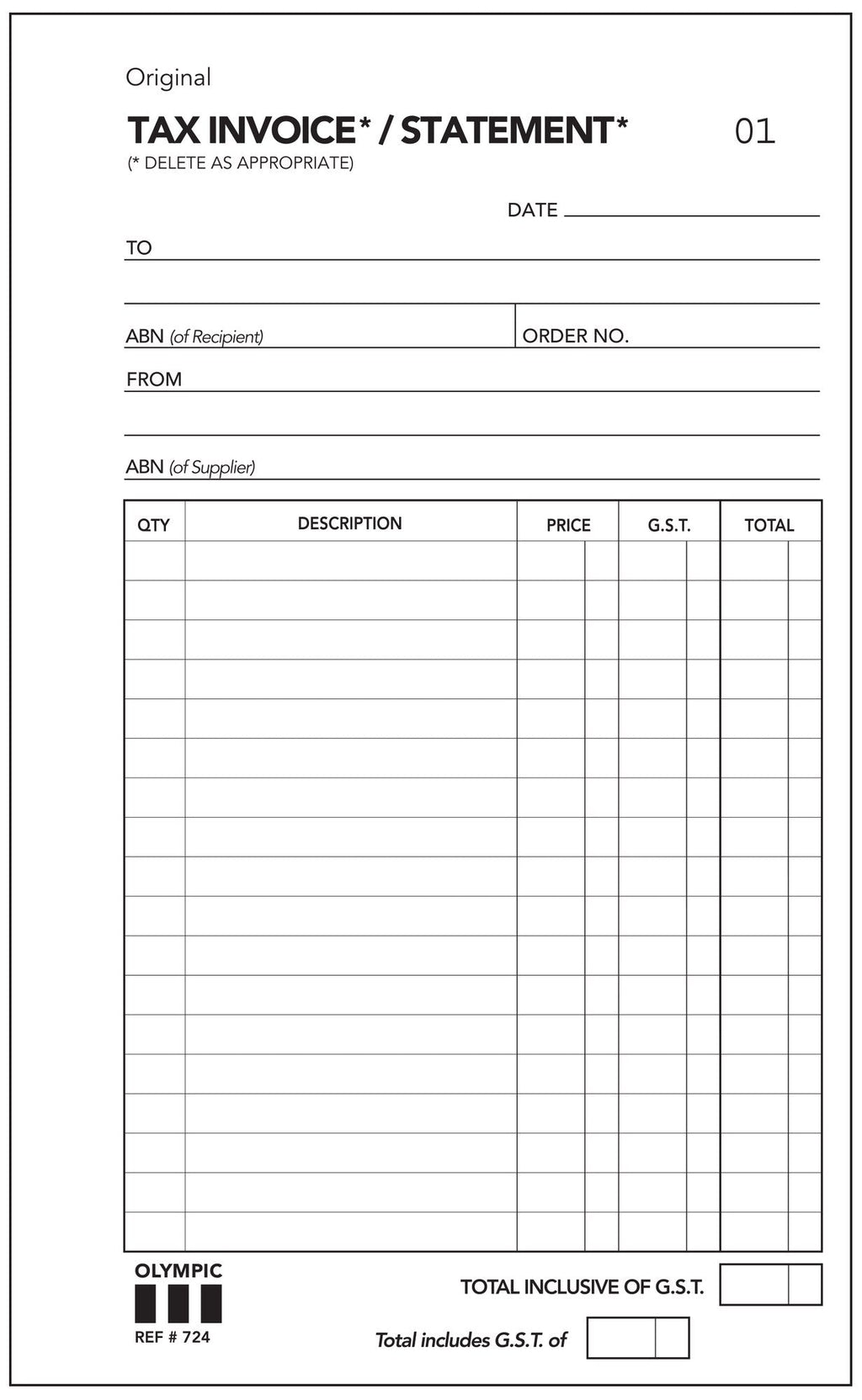 Olympic Invoice and Statement Book 724 Carbonless Duplicate 50 Leaf 200 x 125mm