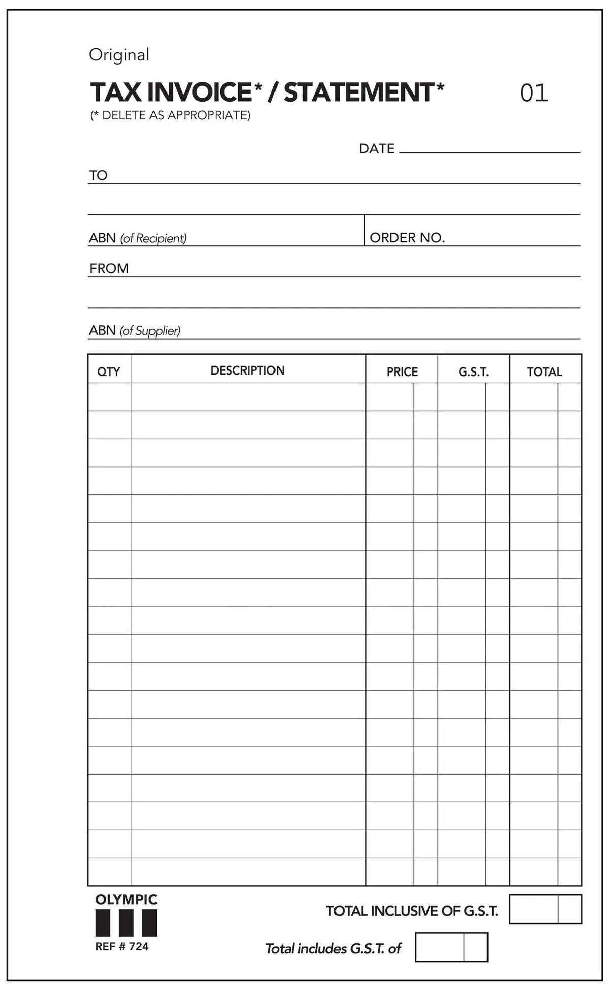 Olympic Invoice and Statement Book 724 Carbonless Duplicate 50 Leaf 200 x 125mm