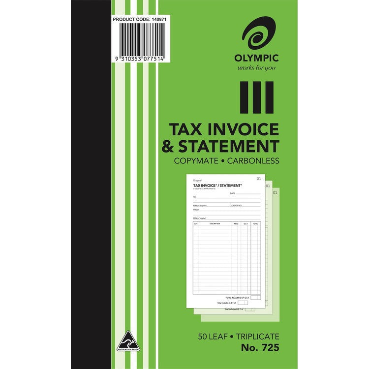 Olympic Invoice and Statement Book 725 Carbonless Triplicate 50 Leaf 200 x 125mm
