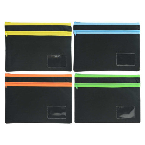 Osmer Polyester Pencil Case 2 Zip with Name Card 35 x 26cm Black Assorted Trims Pack of 12