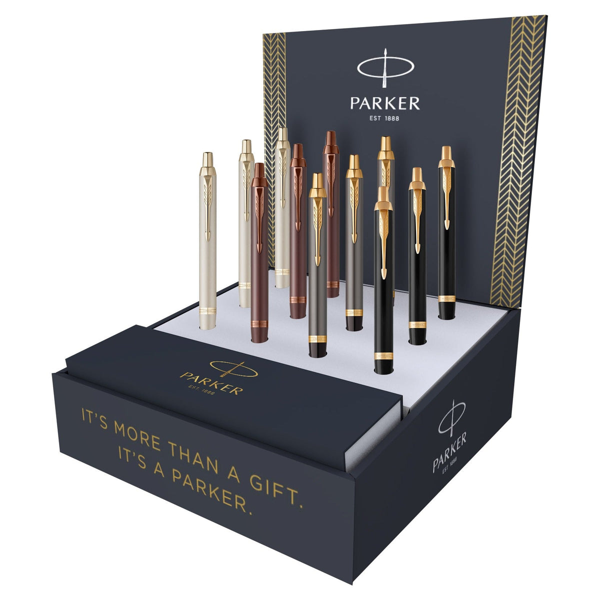 Parker branded counter display unit holding twelve IM ballpoint pens in champagne, burgundy, grey and black, with the line It's more than a gift. It's a Parker. on the front