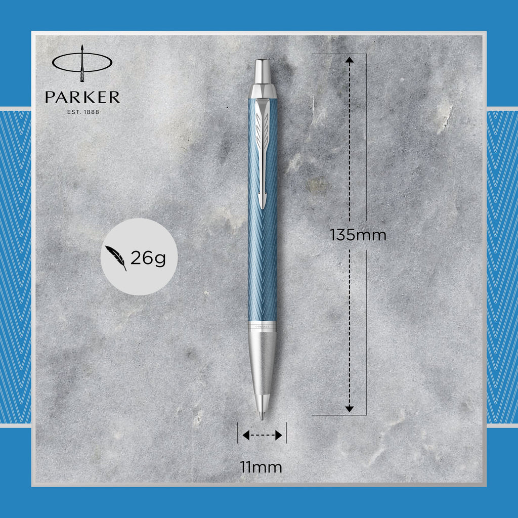 Parker IM Premium Ballpoint Pen Blue Grey Lacquer and Chrome Trim Medium Tip