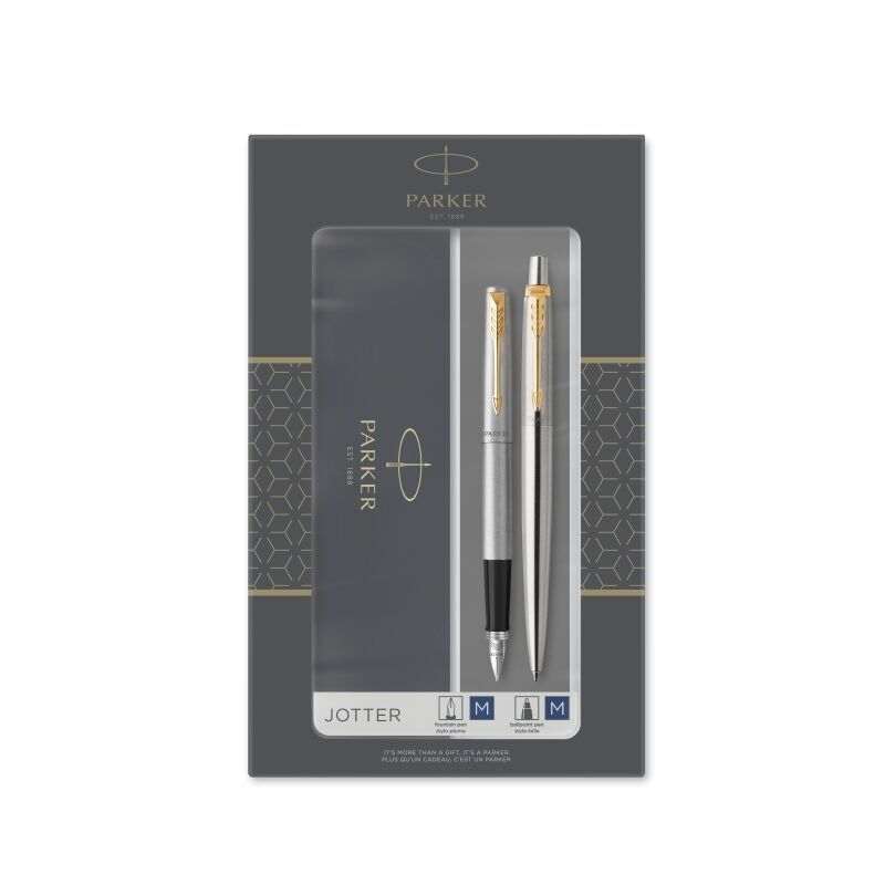 Parker Jotter Stainless Steel and Gold Trim Fountain Pen and Ballpoint Pen Gift Set