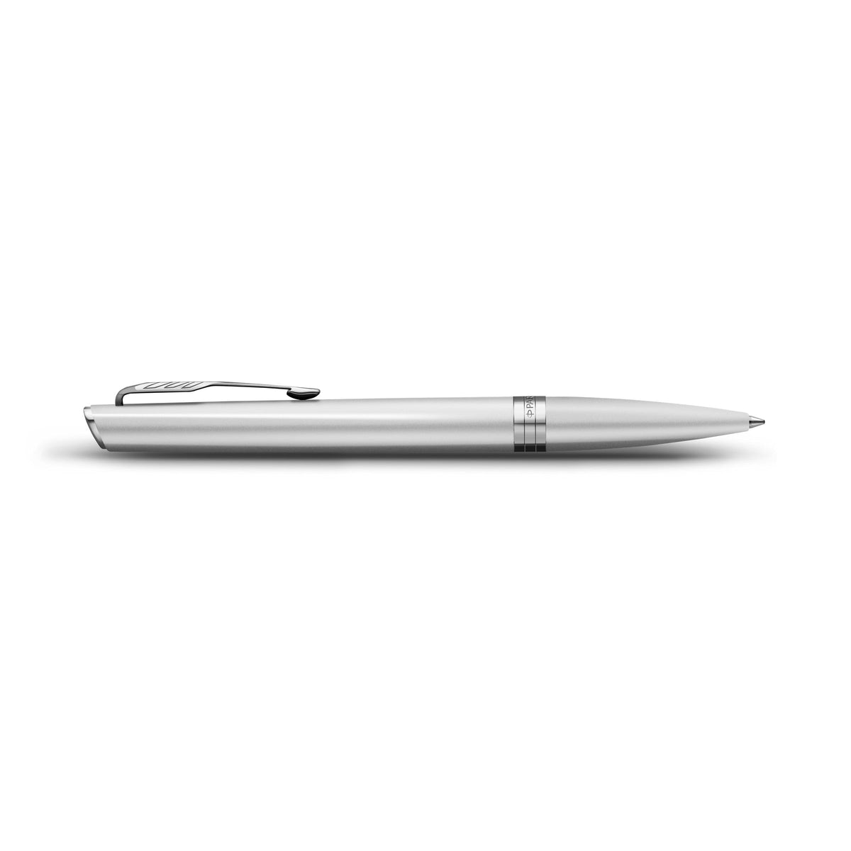 Side view of the chrome Meridian ballpoint lying flat, showing the clip profile, centre band and tapered tip