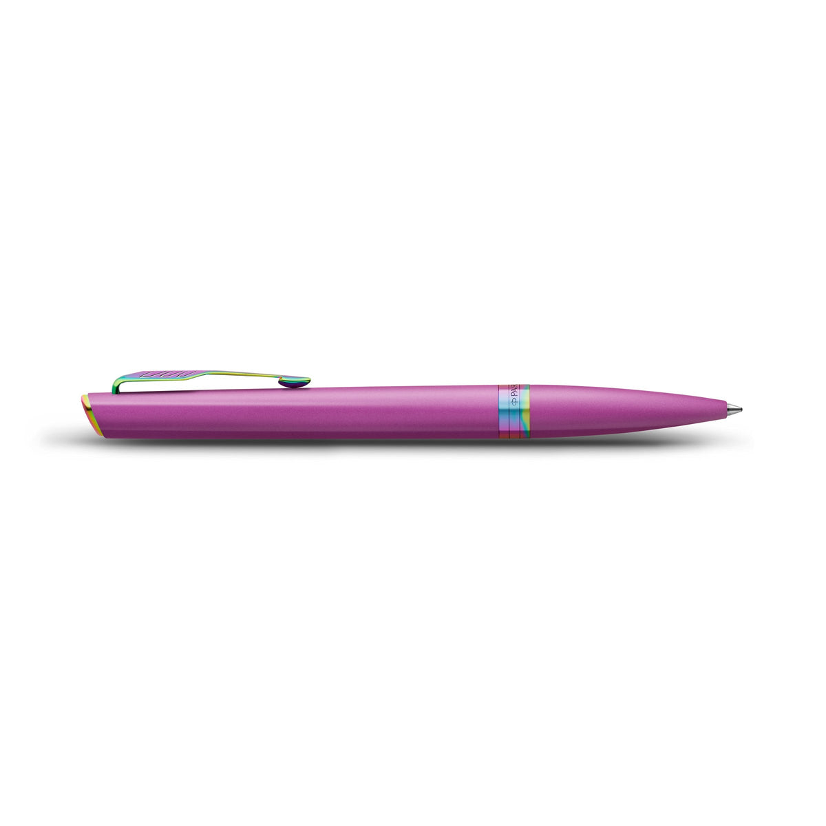Side view of the grape Meridian ballpoint lying flat, showing the clip profile, centre band and tapered tip