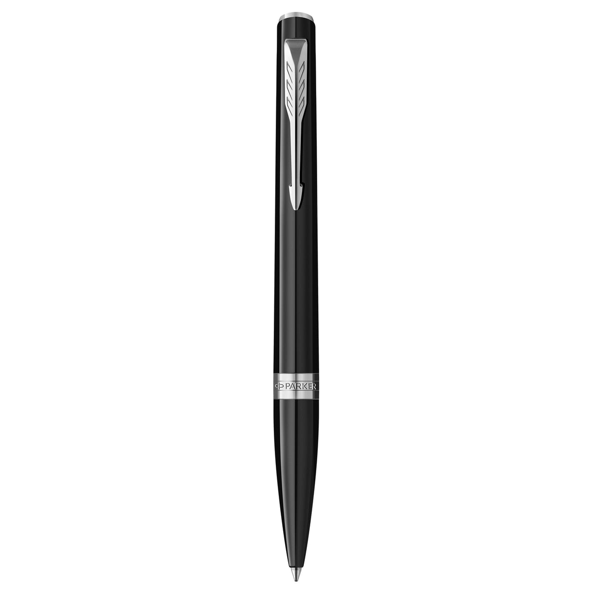 Parker Meridian Black Lacquer and Chrome Trim Ballpoint Pen standing upright, one of the four finishes included in the CDU1 counter display kit