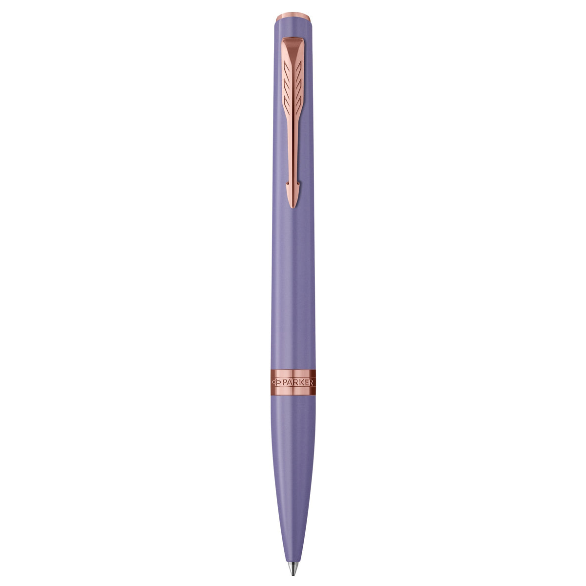 Parker Meridian Lilac Lacquer and Pink Gold Trim Ballpoint Pen standing upright, one of the four finishes included in the CDU2 counter display kit