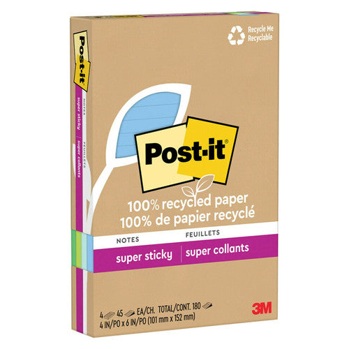 Post-it Super Sticky Notes Lined Assorted Colours 101 x 152mm Pack of 4 4621R-4SST