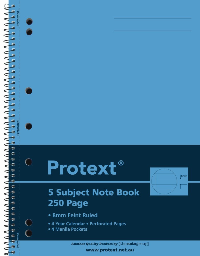 Protext 5 Subject Notebook 295 x 223mm PP 250 Page Ruled Assorted Pack of 5