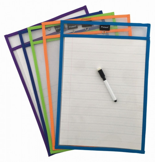 Protext Rewritable Student Pocket A3 Clear with Assorted Colour Trim and Marker Pack of 5