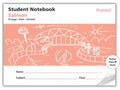 Protext Student Notebook front cover in salmon with white Sydney Harbour line drawing, clear PP cover badge and name, subject and class lines