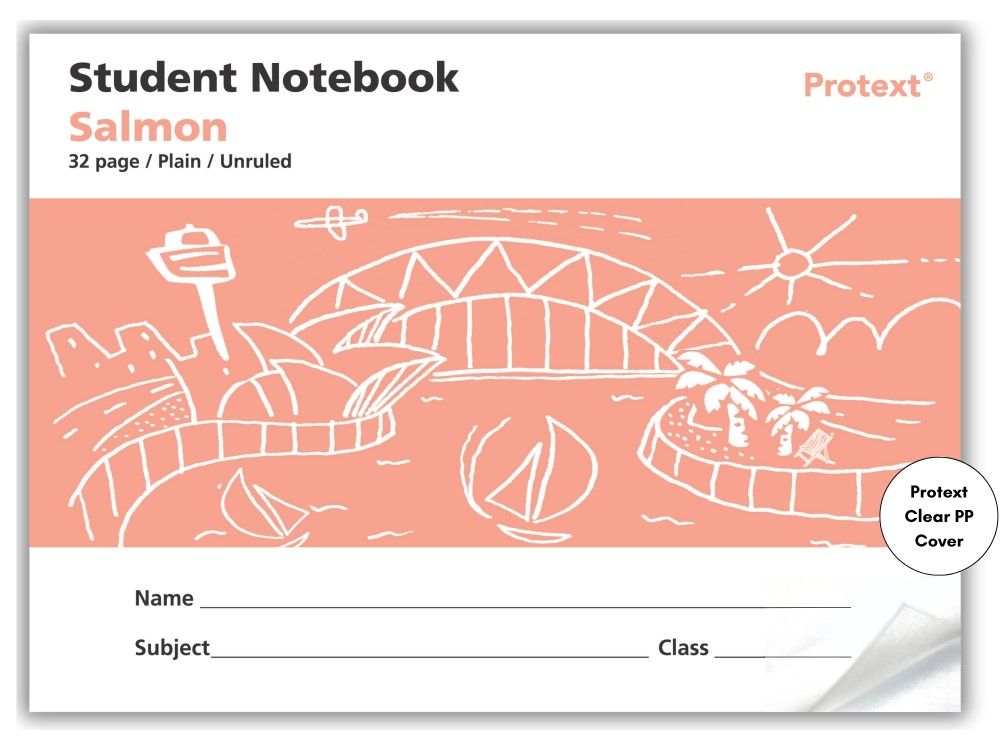 Protext Student Notebook front cover in salmon with white Sydney Harbour line drawing, clear PP cover badge and name, subject and class lines