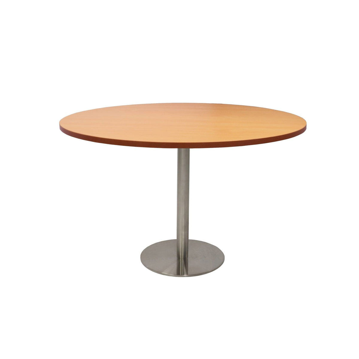 Front elevation of the Rapidline Estilo 1200mm round table in beech with a stainless steel column and flat disc base on a white background