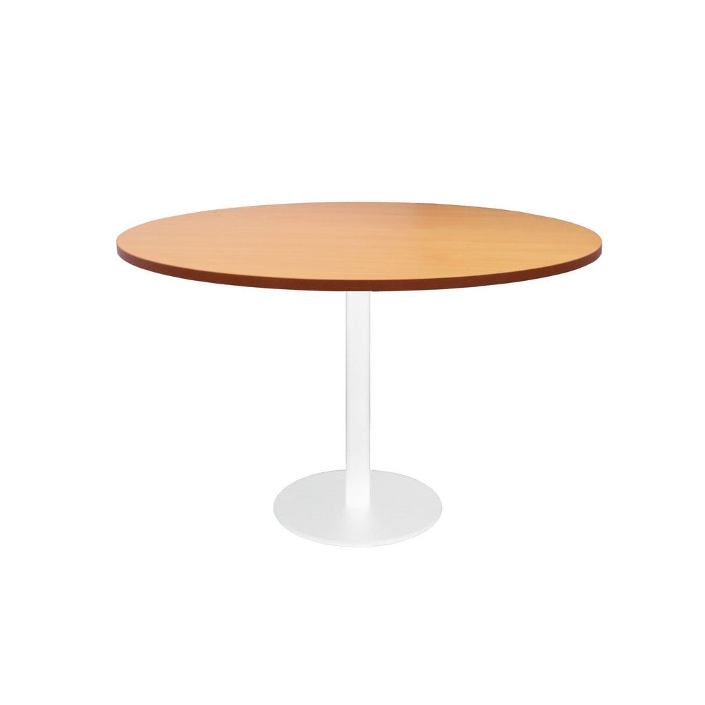 Front elevation of the Rapidline Estilo 1200mm round table in beech with a white column and flat disc base on a white background