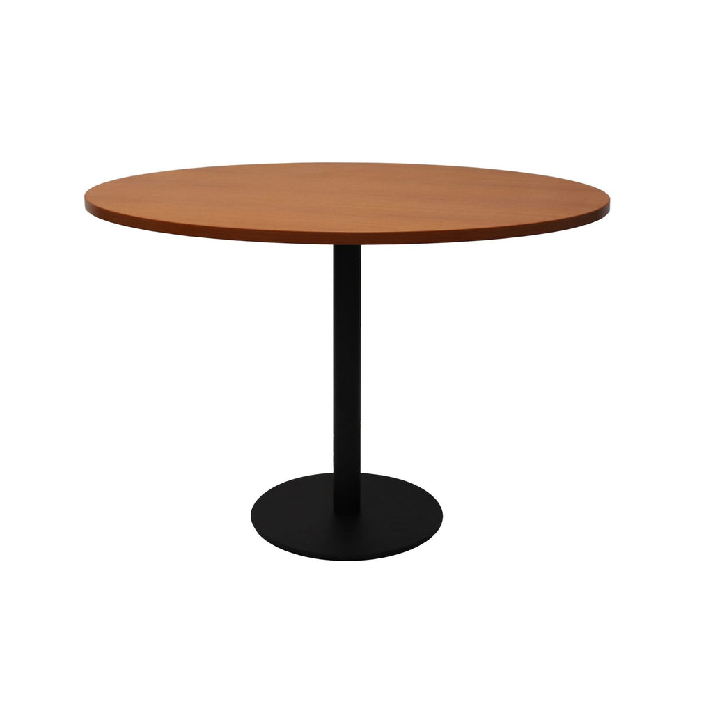 Front elevation of the Rapidline Estilo 1200mm round table in cherry with a black column and flat disc base on a white background
