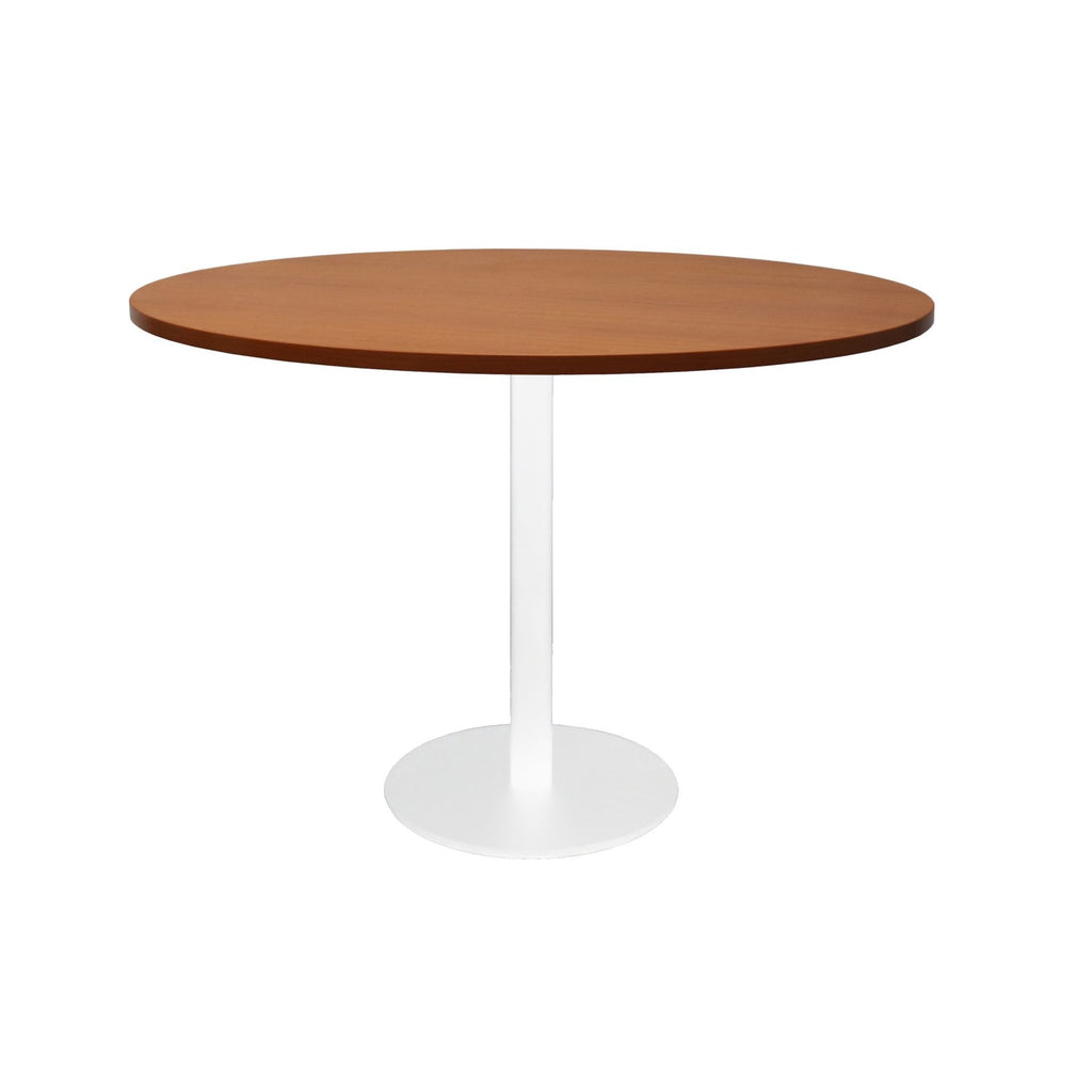 Front elevation of the Rapidline Estilo 1200mm round table in cherry with a white column and flat disc base on a white background