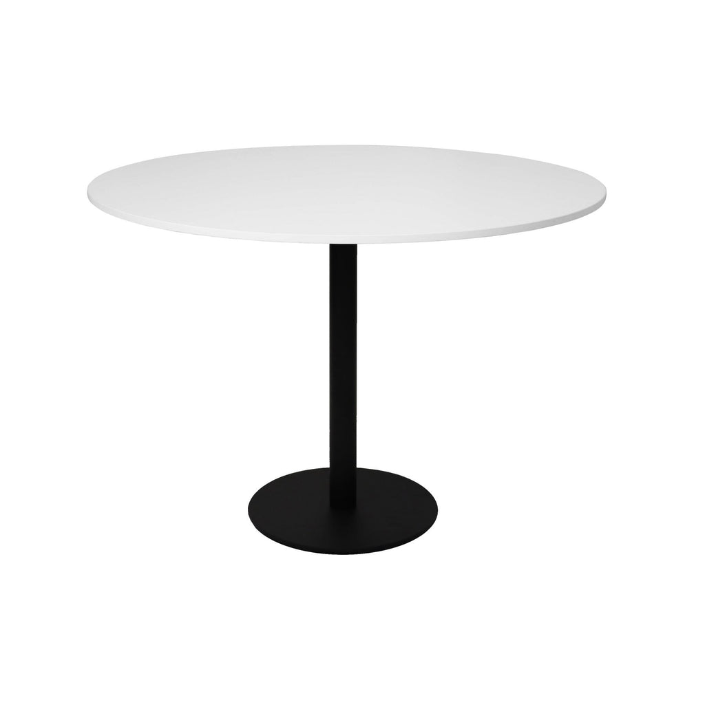 Front elevation of the Rapidline Estilo 1200mm round table in natural white with a black column and flat disc base on a white background