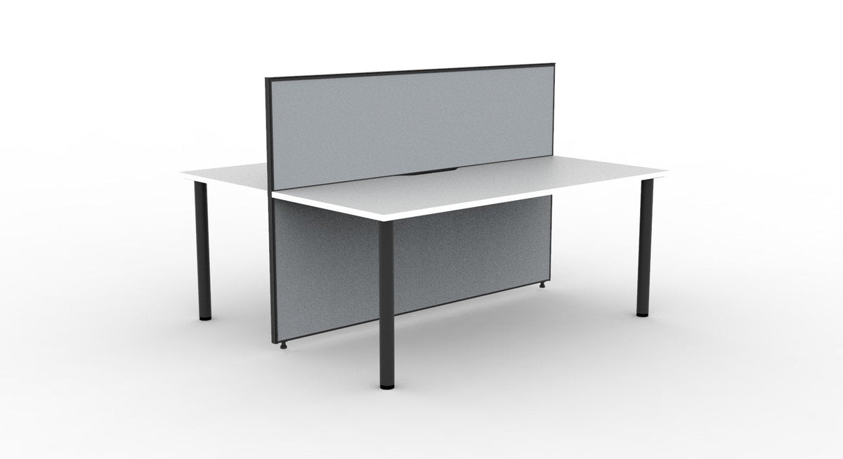 Rapidline DC60 black round legs under a two person white top workstation with a grey fabric centre screen