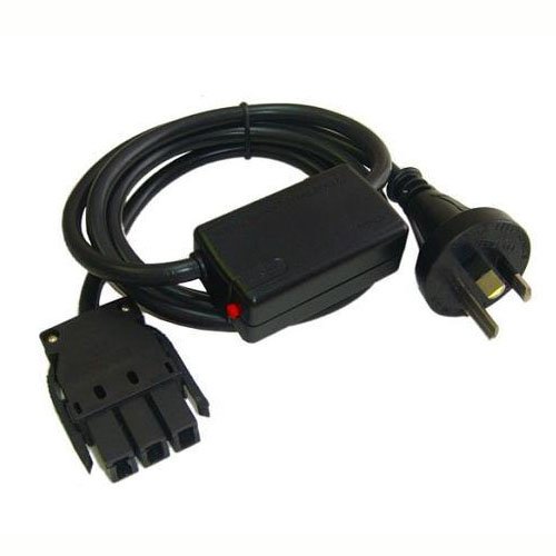 Black Rapidline 3 pin starter lead from above, showing the face of the tag coupler, the inline housing and the 3 pin plug.