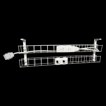 Rapidline Rapid Wiring dual tier cable basket kit in white with power module, data modules and lead fitted, shown on a black background