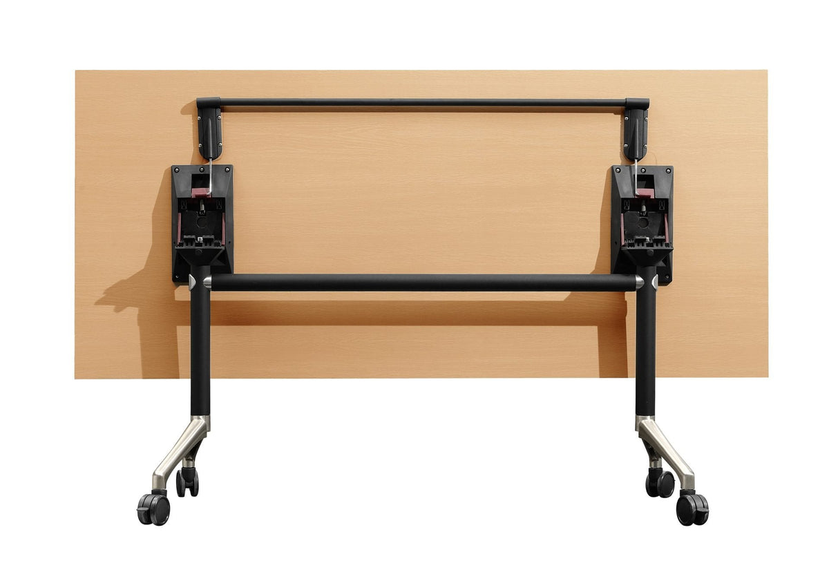 Rapidline Typhoon Flip table frame with polished aluminium feet, shown from the front beneath a timber-look table top