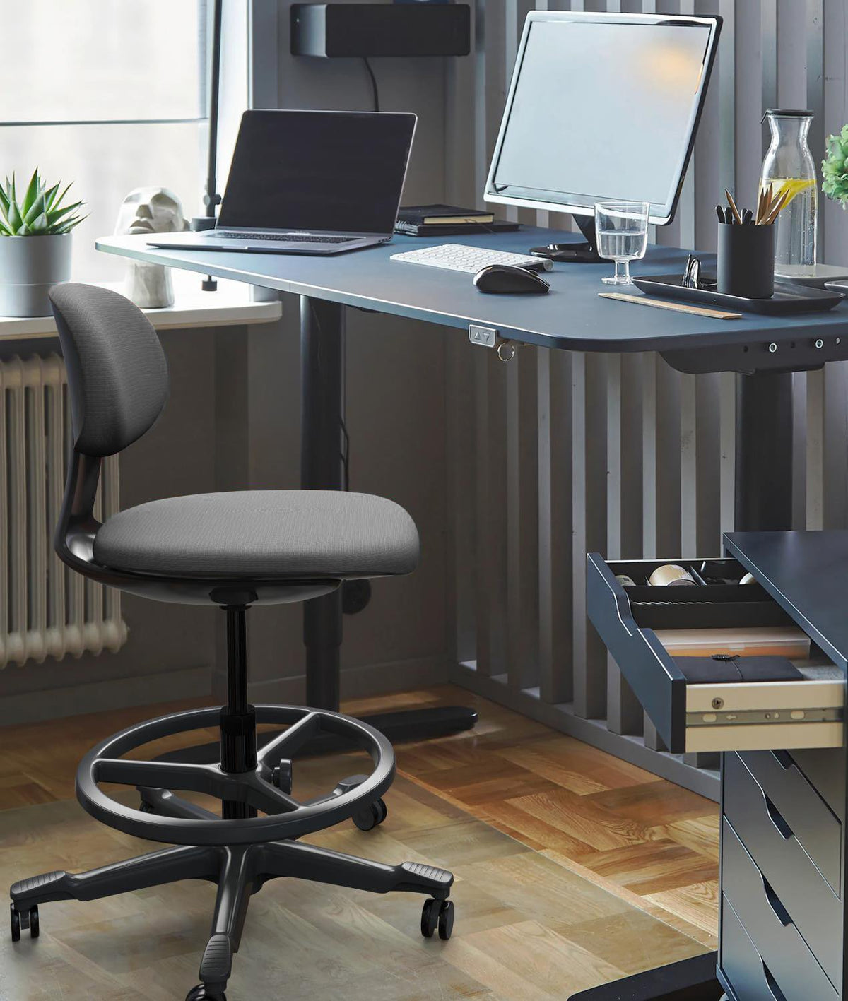 Rapidline Yoyo Drafting Stool 820-1020mm Height Dark Grey Fabric