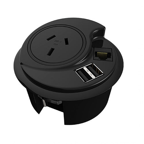 Rapidline In Desk Module Kit 1 GPO 1 Data Provision 2 USB 1500mm 3 Pin Plug Black
