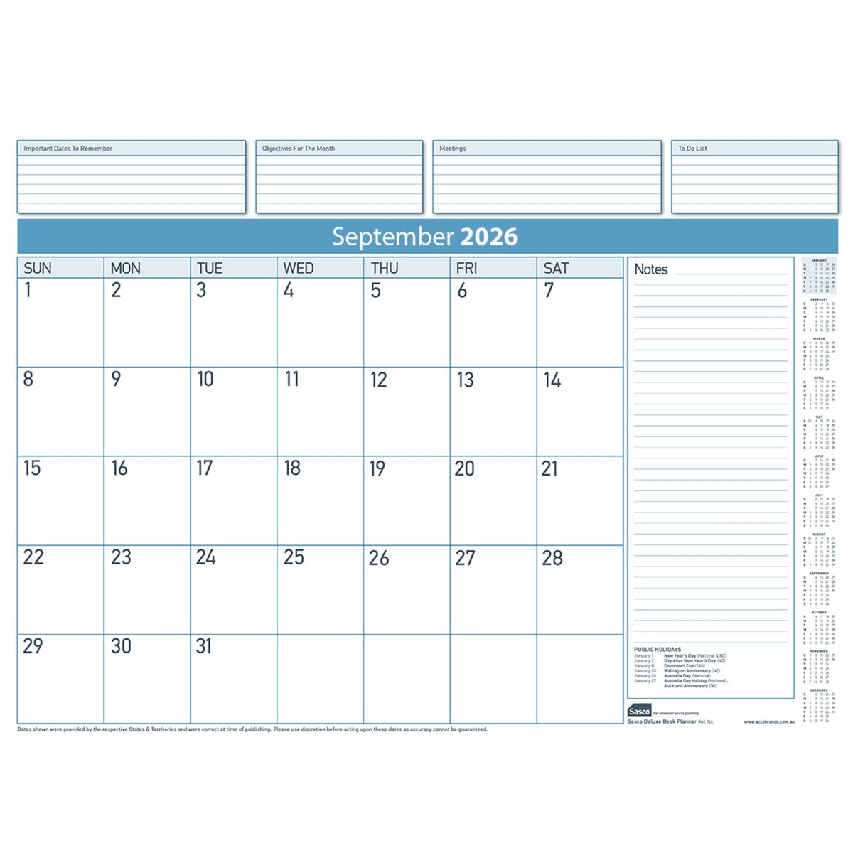Sasco 2027 Deluxe Desk Planner Refill 519 x 387mm Pack of 12
