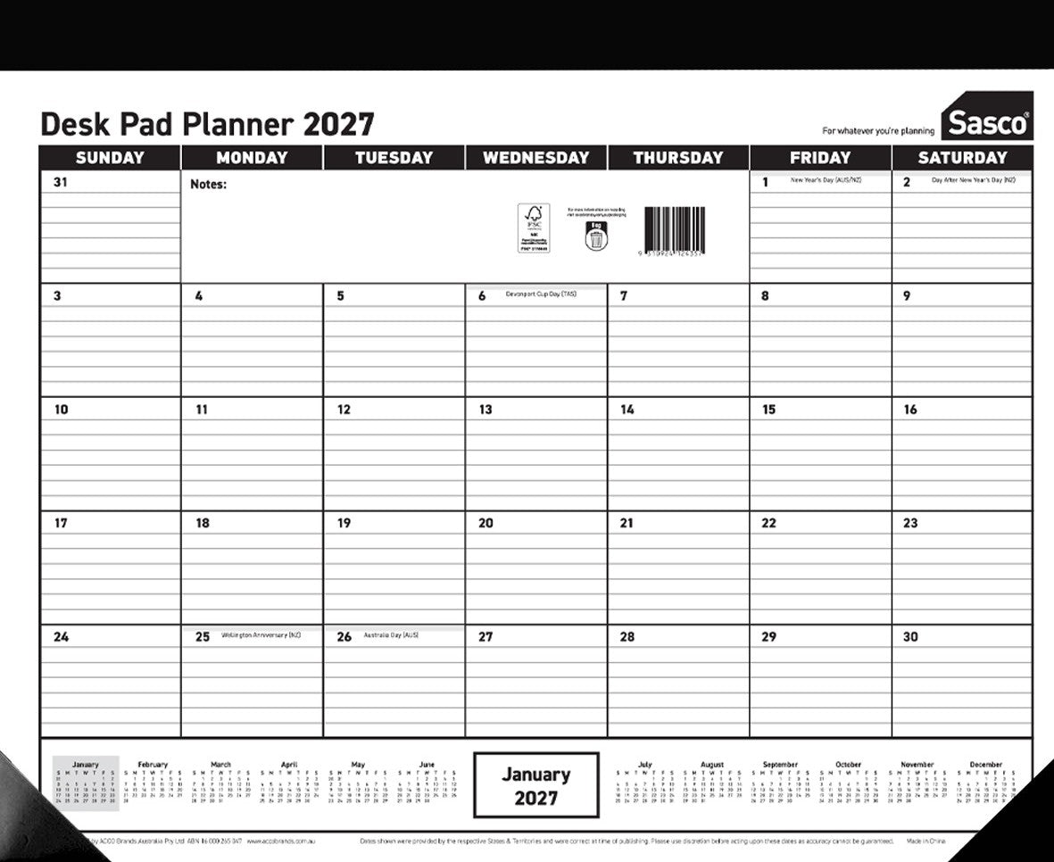 Sasco 2027 Desk Pad Year Planner 430 x 555mm