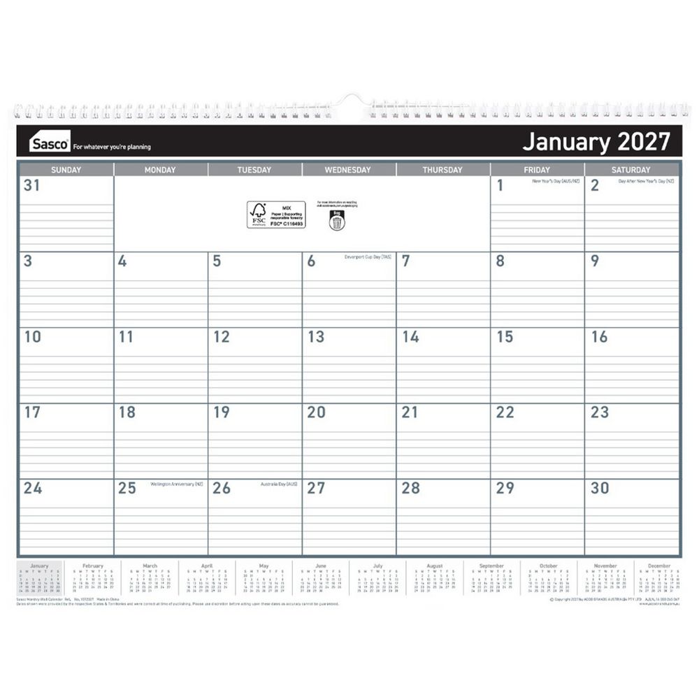 Sasco 2027 Monthly Wall Calendar 530 x 395mm