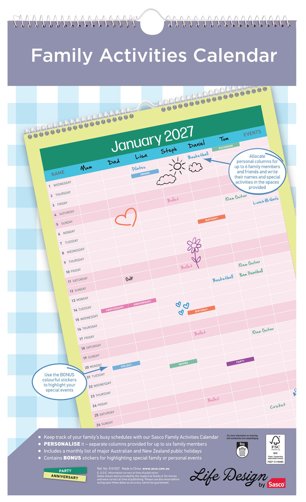 Sasco Life Design Tribe Family Activities Planner 2027 250 x 410mm