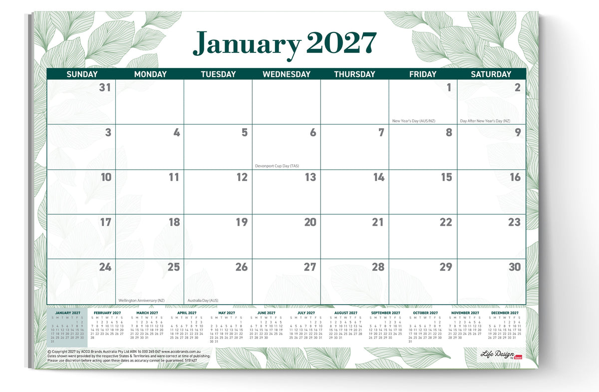 Sasco Life Design Willow Large Desk Planner 2027 480 x 340mm