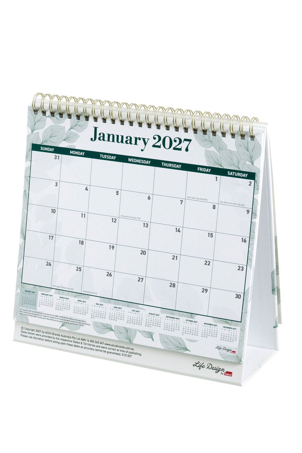 Sasco Life Design Willow Tri-Fold Desk Calendar 2027 210 x 180mm