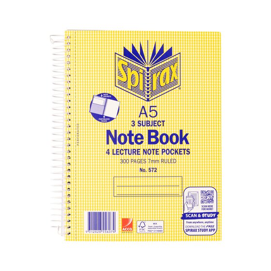 Spirax 572 Spiral 3 Subject Notebook A5 300 Pages