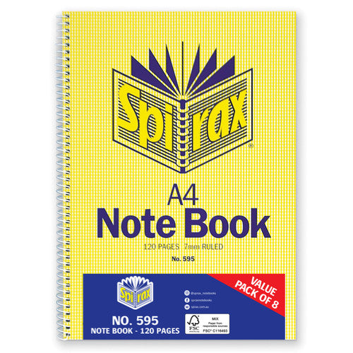 Spirax 595 Notebook A4 120 Page Side Opening Pack of 8