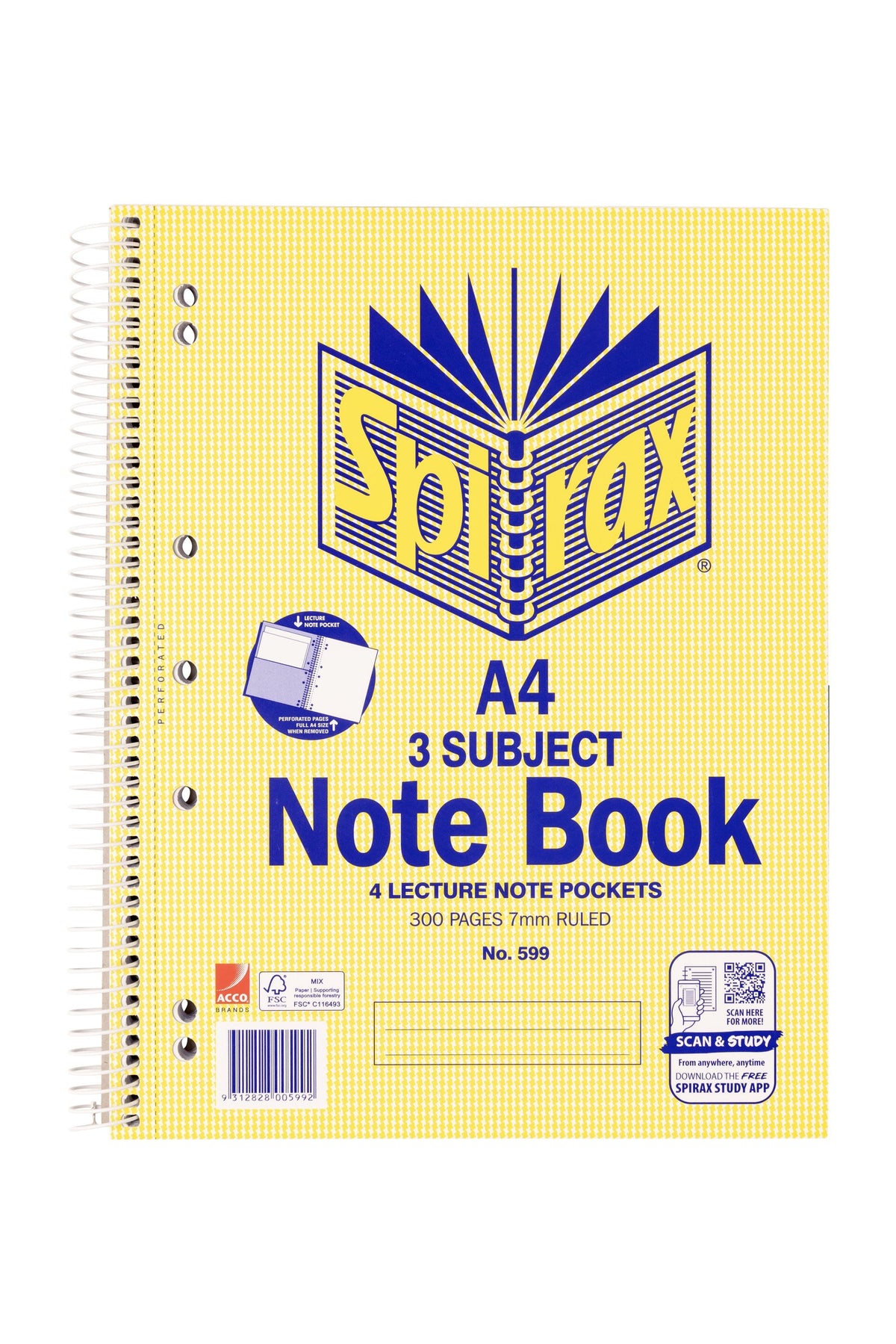Spirax Spiral 3 Subject Notebook A4 Side Opening 300 Pages