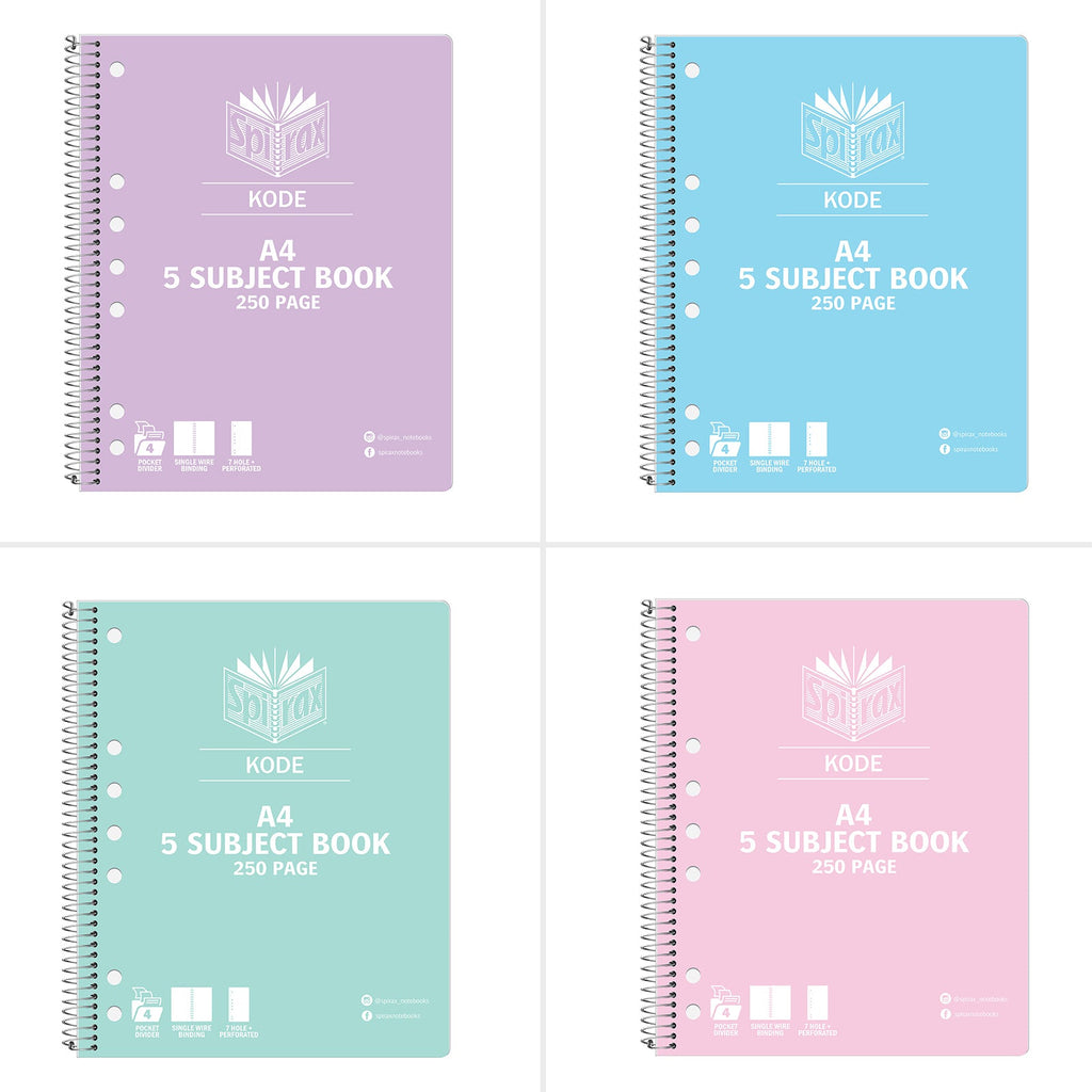 Spirax Kode 5-Subject A4 Notebook 250 Page 7mm Metallic Assorted Pack 10