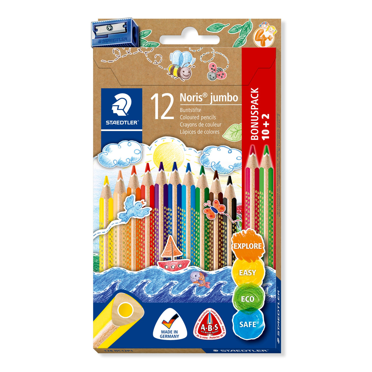 Staedtler Noris Jumbo Triangular Coloured Pencils Assorted Box 12 with Sharpener 128 NC12P1