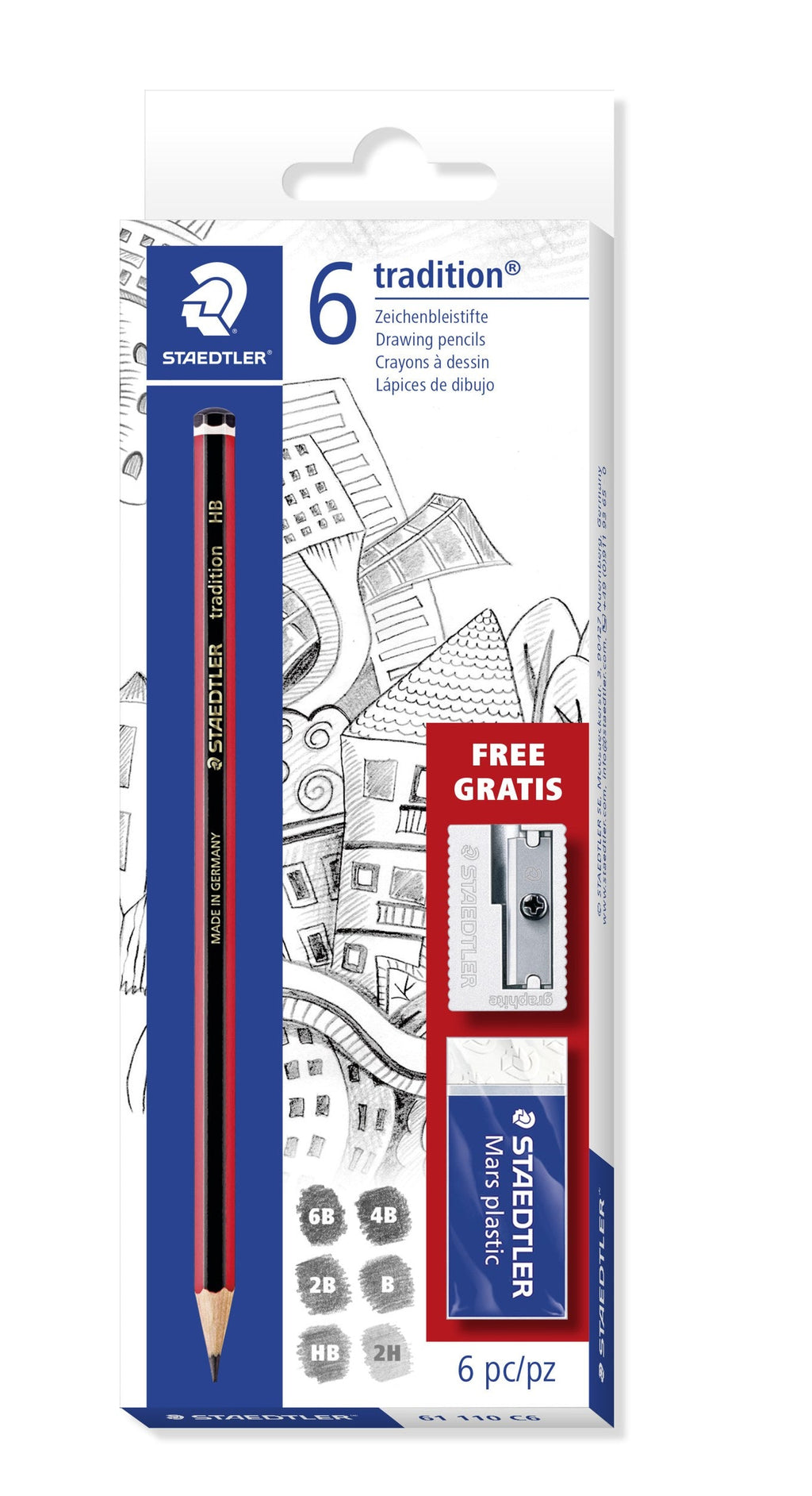 Staedtler 61 110 C6 Tradition Sketching Graphite Pencils Set of 6 Plus Accessories
